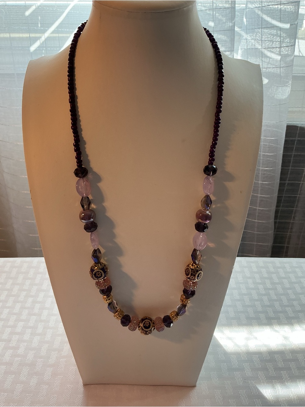 Purple & Gold Rhinestone Bead Statement Gold Tone Necklace